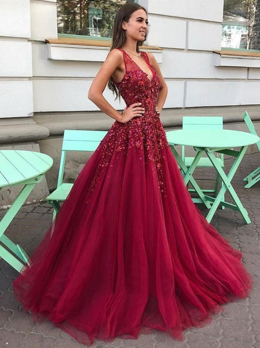 V Neck Burgundy Floral Long Prom, 3D Flower Burgundy Long Formal Eveni Bridelily V Neck Burgundy Floral Long Prom, 3D Flower Burgundy Long Formal Eveni Bridelily