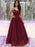 V Neck Burgundy Tulle Long Prom Dresses, Long Wine Red Tulle Formal Evening Dresses