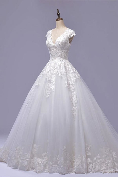 V-Neck Cap Sleeve Lace-up Tulle Wedding Dress - Wedding Dresses