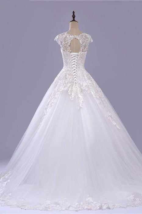 V-Neck Cap Sleeve Lace-up Tulle Wedding Dress - Wedding Dresses
