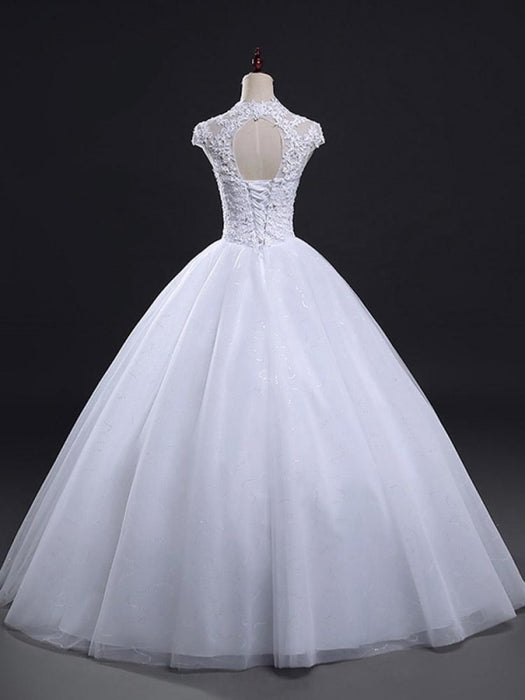 V-Neck Cap Sleeves Ball Gown Lace Wedding Dresses - wedding dresses