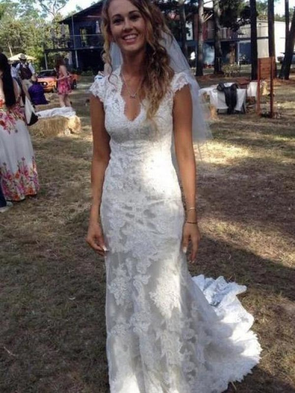 V Neck Cap Sleeves Floor Length Lace Wedding Dresses - wedding dresses