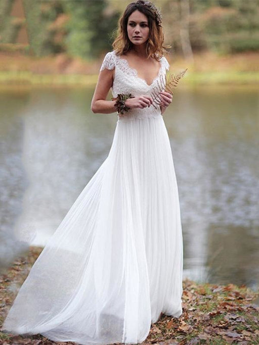 V-Neck Cap Sleeves Tulle Backless Boho Wedding Dresses - As Picture / Floor Length - wedding dresses