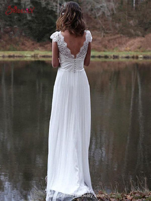 V-Neck Cap Sleeve Casual Boho Lace Wedding Dress 2020 - Bridelily V-Neck Cap Sleeve Casual Boho Lace Wedding Dress 2020 - Bridelily