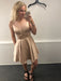 V Neck Champagne Satin Short Prom Dresses with Pocket, Champagne Homecoming Dresses, Short Champagne Formal Evening Dresses
