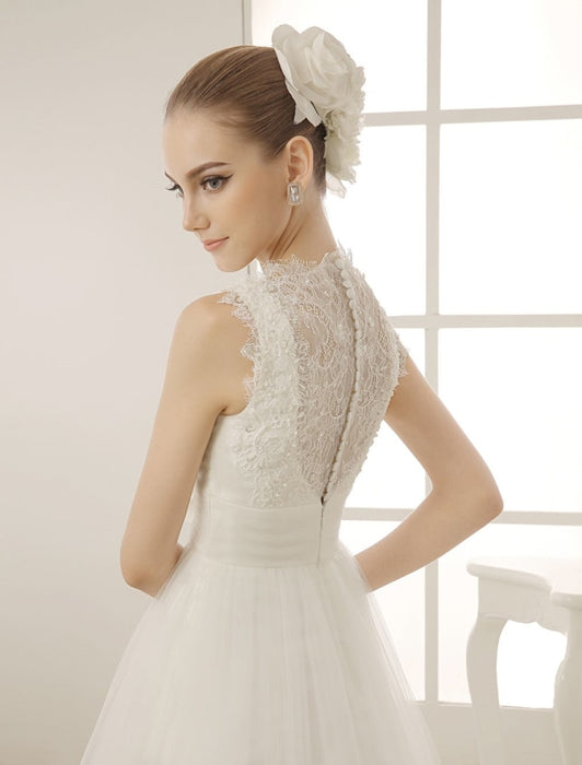 V-Neck Chapel Train Wedding Dress With Pearls Detailing