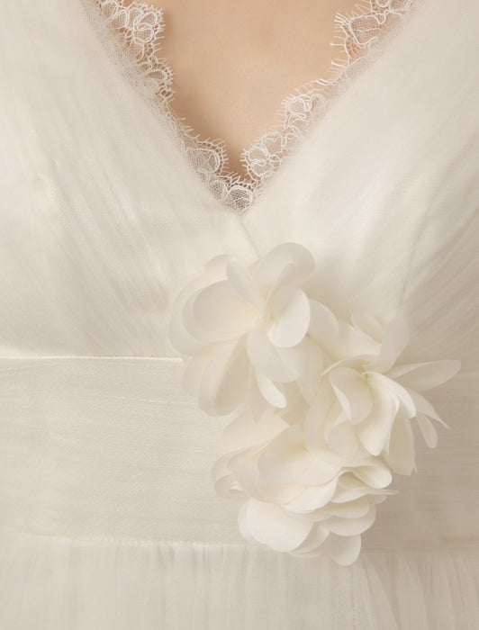 V-Neck Chapel Train Wedding Dress With Pearls Detailing