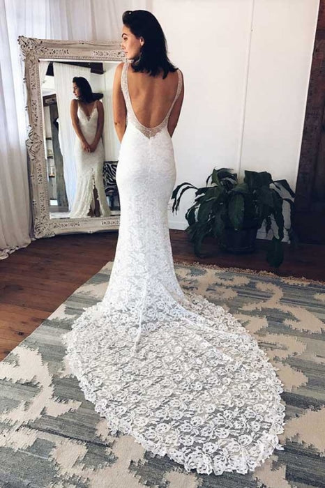 V-Neck Court Train Split Backless Lace Mermaid Wedding Dress - Wedding Dresses