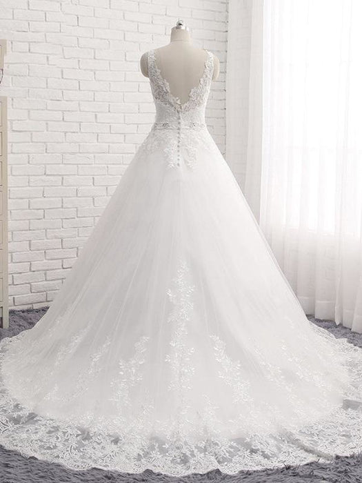 V-Neck Covered Button Ball Gown Wedding Dresses - wedding dresses
