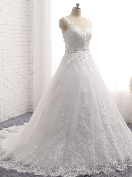 V-Neck Covered Button Ball Gown Wedding Dresses - White / Floor Length - wedding dresses