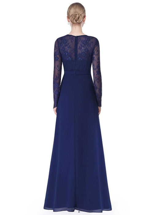 V Neck Evening Dress Illusion Lace Sleeve Mother Of The Bride Dress Ruched A Line Floor Length Wedding Party Dress In Dark Navy wedding guest dress