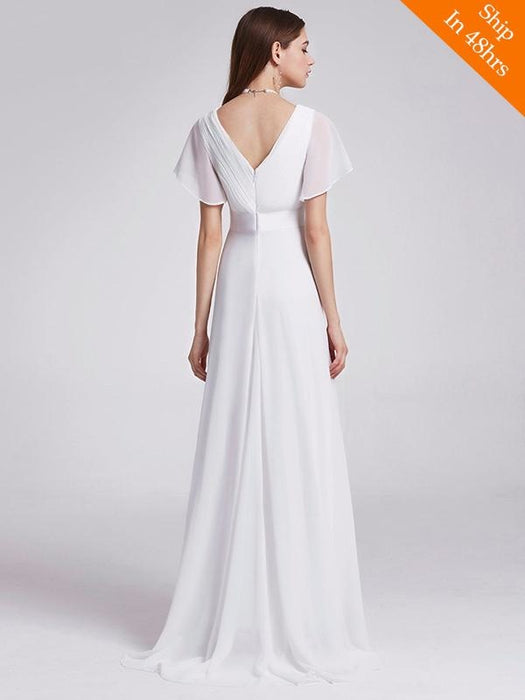 V Neck Flare Sleeve A Line Chiffon Wedding Dresses - wedding dresses