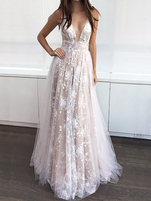 V-Neck Floor-Length Tulle A-line Sleeveless With Applique Dresses - Prom Dresses