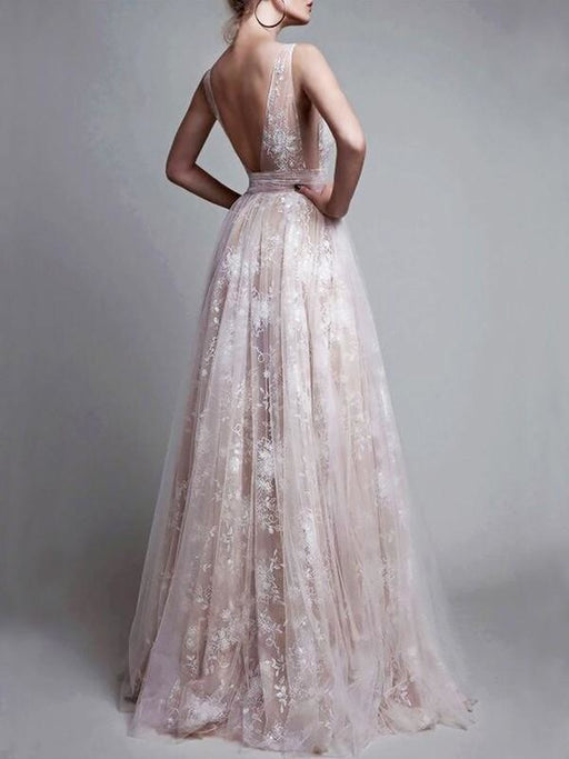 V-Neck Floor-Length Tulle A-line Sleeveless With Applique Dresses - Prom Dresses