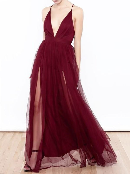 V-Neck Floor-Length Tulle A-line Sleeveless With Ruffles Dresses - Prom Dresses
