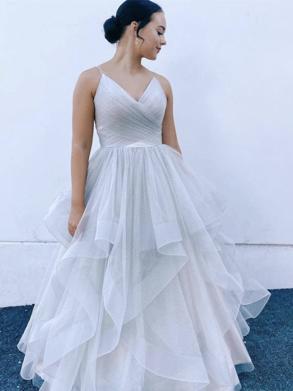 V Neck Fluffy Light Gray Long Prom Dresses, V Neck Light Gray Formal E —  Bridelily