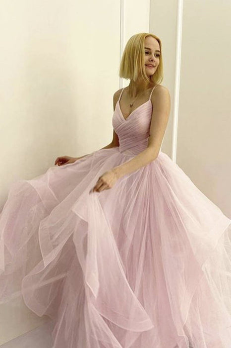 V Neck Fluffy Pink Long Prom Dresses, V Neck Pink Formal Evening Dress — Bridelily V Neck Fluffy Pink Long Prom Dresses, V Neck Pink Formal Evening Dress — Bridelily