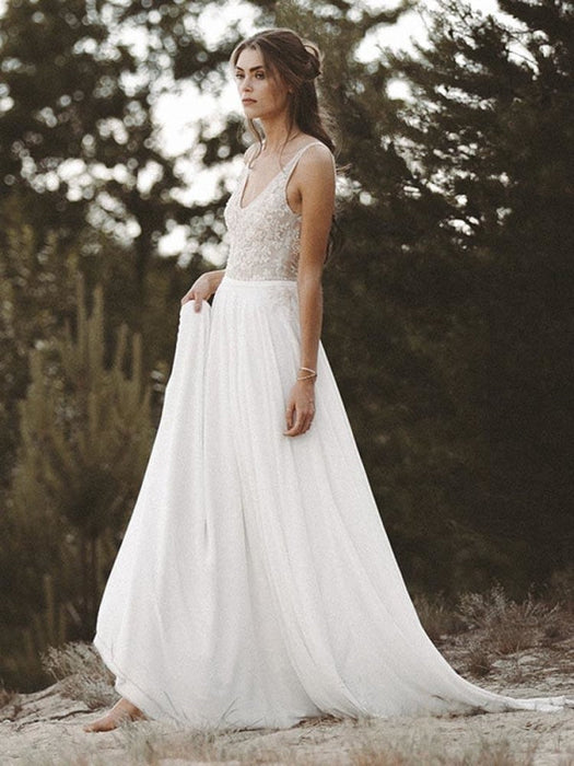 V Neck Lace Boho Wedding Dresses - Ivory / Floor Length - wedding dresses