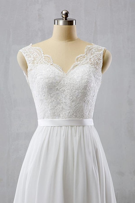 V-neck Lace Chiffon Flowy A-line Wedding Dress - Wedding Dresses