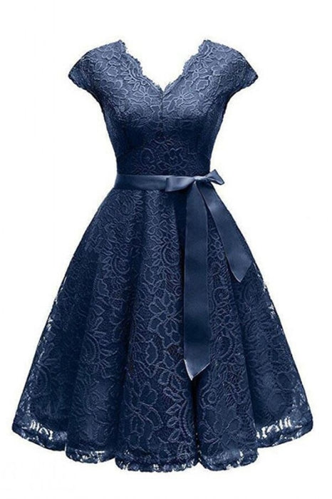 V-Neck Lace Knee-Length With Short Sleeves Dress - navy blue dress / S - lace dresses
