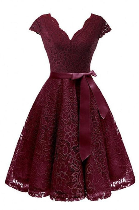 V-Neck Lace Knee-Length With Short Sleeves Dress - burgundy dress / S - lace dresses