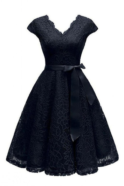 V-Neck Lace Knee-Length With Short Sleeves Dress - black dress / S - lace dresses