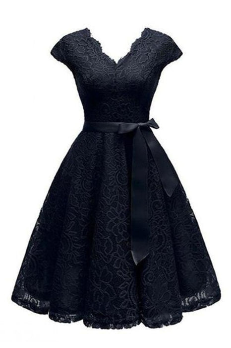 V-Neck Lace Knee-Length Womens With Short Sleeves Dresses - Black / S - lace dresses