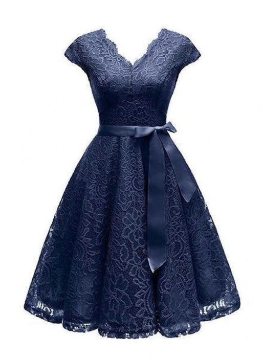 V-Neck Lace Knee-Length Womens With Short Sleeves Dresses - Navy Blue / S - lace dresses