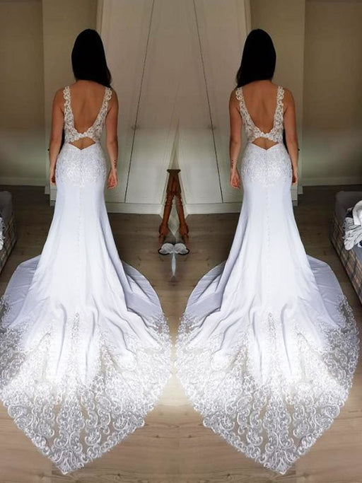 V-Neck Lace Mermaid Wedding Dresses - Ivory / Floor Length - wedding dresses