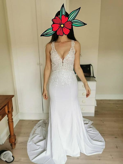 V-Neck Lace Mermaid Wedding Dresses - wedding dresses
