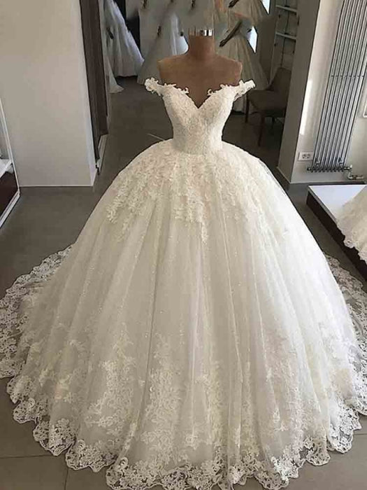 V-Neck Lace Sequins Ball Gown Wedding Dresses - Ivory / Floor Length - wedding dresses