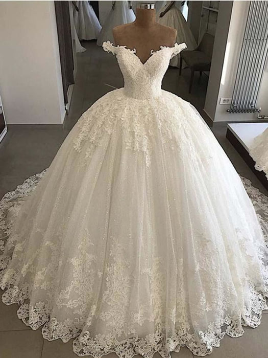 V-Neck Lace Sequins Ball Gown Wedding Dresses - wedding dresses