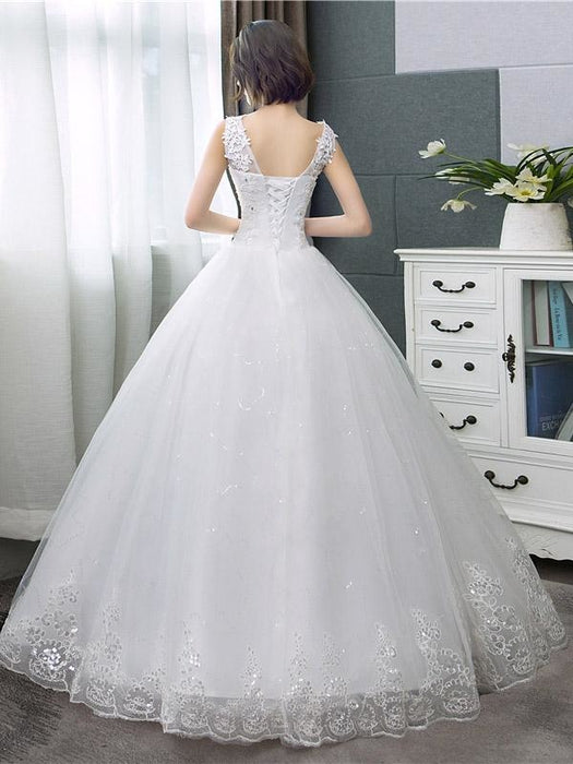 V-Neck Lace Tank Sleeveless Floral Print Ball Gown Wedding Dress - White - wedding dresses