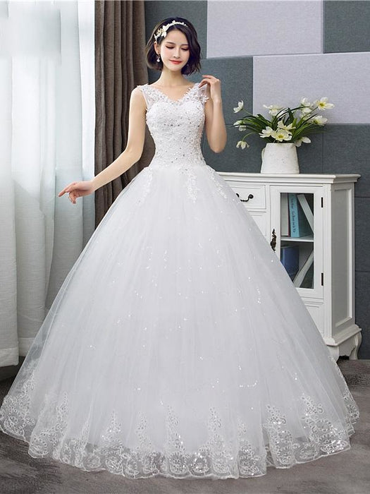 V-Neck Lace Tank Sleeveless Floral Print Ball Gown Wedding Dress - White - wedding dresses