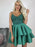 V Neck Layered Green Lace Short Prom Dresses, Green Lace Formal Graduation Homecoming Dresses