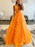 V Neck Layered Orange Tulle Long Prom Dresses, Orange Tulle Formal Evening Dresses 