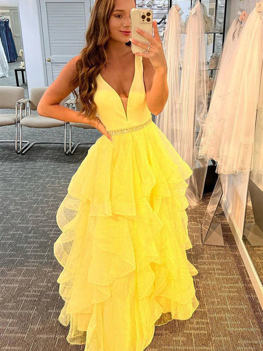 V Neck Layered Yellow Tulle Long Prom Dresses with Belt, V Neck Yellow Bridelily V Neck Layered Yellow Tulle Long Prom Dresses with Belt, V Neck Yellow Bridelily