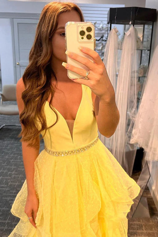 V Neck Layered Yellow Tulle Long Prom Dresses with Belt, V Neck Yellow Formal Graduation Evening Dresses 