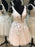 V Neck Light Champagne Lace Floral Short Prom Dresses, Light Champagne Lace Formal Graduation Homecoming Dresses