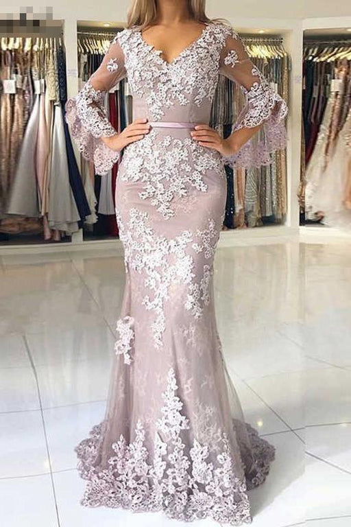 V Neck Long Prom Mermaid Lace Appliqued Evening Dress with Sleeves - Prom Dresses
