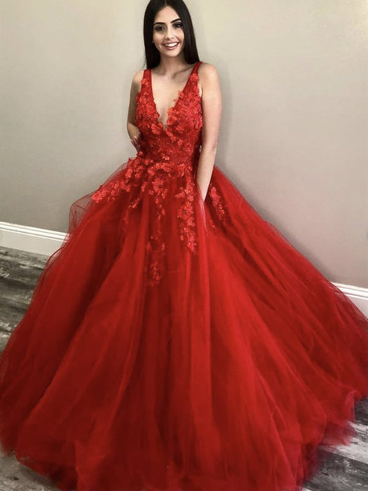 V Neck Long Red Lace Floral Prom, Red Lace Formal, Red Floral