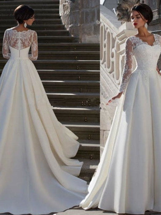 V-Neck Long Sleeve Lace Appliques A-Line Wedding Dresses - wedding dresses