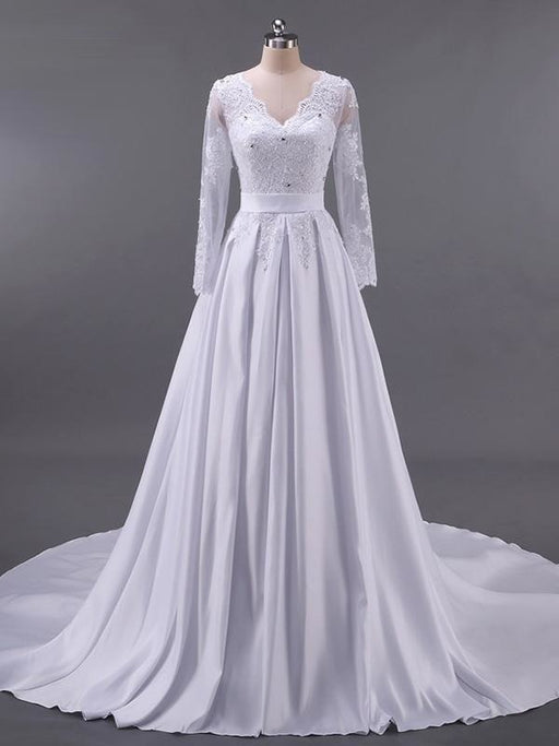 V-Neck Long Sleeve Lace Appliques A-Line Wedding Dresses - wedding dresses