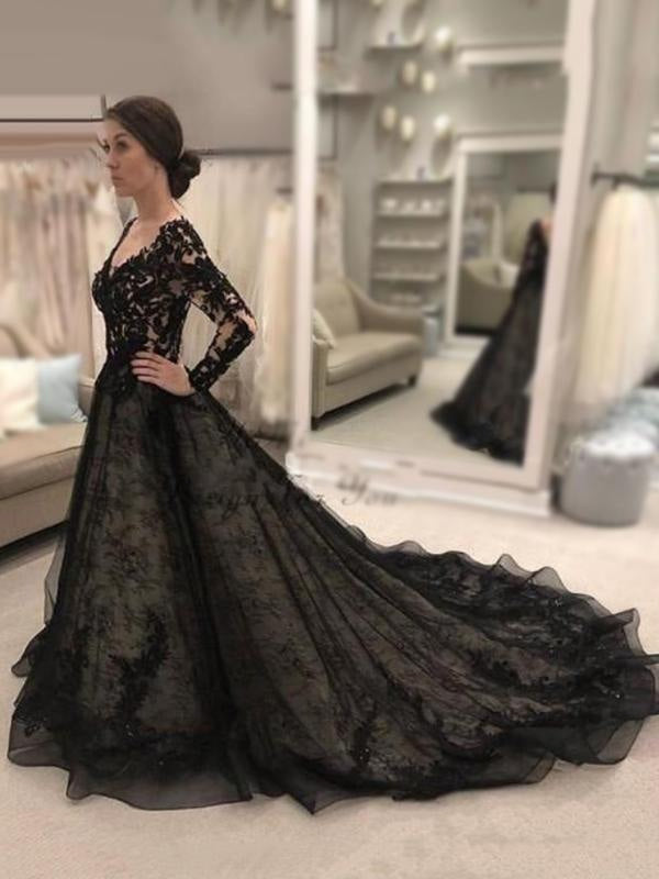 Black Lace Wedding Dress V-Neck Long Sleeves