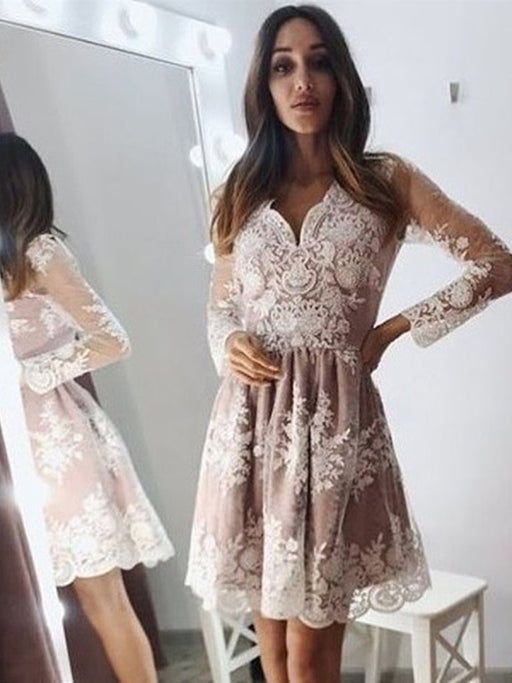 V Neck Long Sleeves Champagne Lace Short Prom Dresses Homecoming Dresses, Chamagne Lace Formal Graduation Evening Dresses