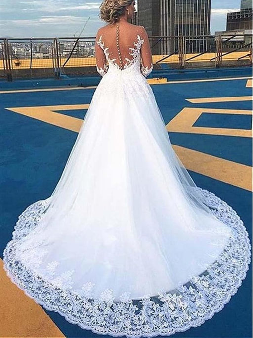V-Neck Long Sleeves Covered Button Ball Gown Wedding Dresses - wedding dresses