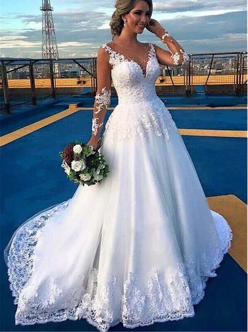 V-Neck Long Sleeves Covered Button Ball Gown Wedding Dresses - White / Floor Length - wedding dresses