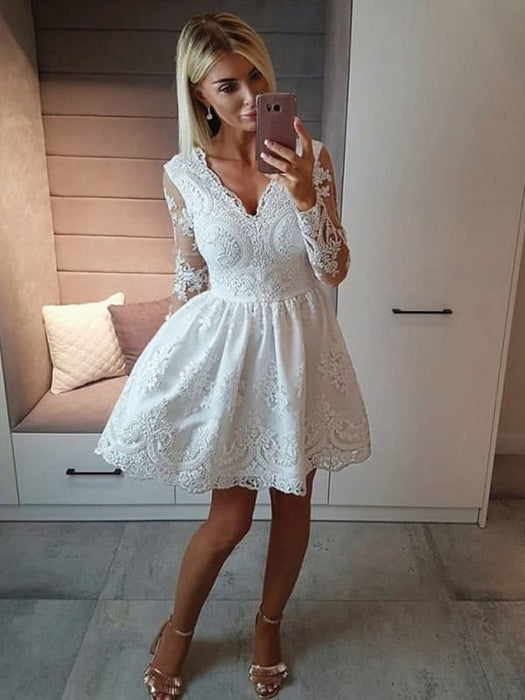V Neck Long Sleeves Lace White Short Prom Homecoming, Long Sleeves Whi Bridelily V Neck Long Sleeves Lace White Short Prom Homecoming, Long Sleeves Whi Bridelily