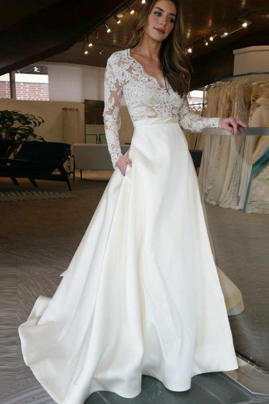 V Neck Simple Long Sleeve Wedding Dresses Plus Size