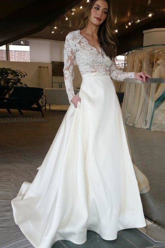 V Neck Long Sleeves Ruffles Wedding Dresses - Ivory / Floor Length - wedding dresses